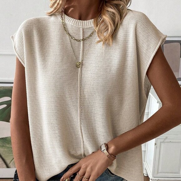 Casual Womens Solid Batwing Sleeve Sweater Vest Apricot - Picture 4 of 6